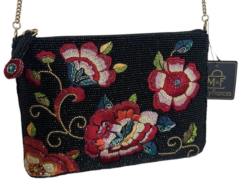 Mary Frances Seduction Mini Crossbody Handbag Beaded Floral Clutch NWT Black